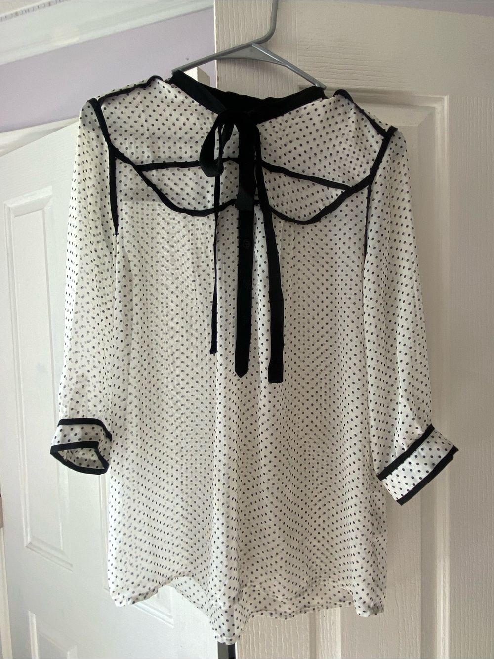 White Polka Dot Tie-Back Blouse with Black Trim